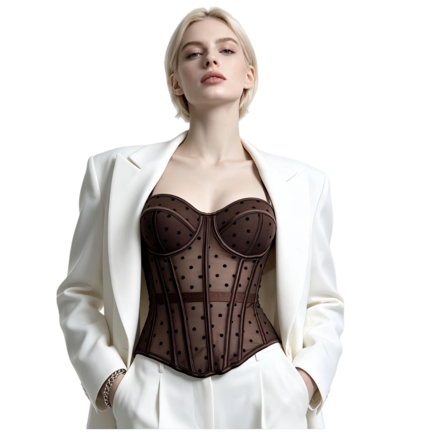 Womens Mesh Polka Dot Corset Bustier Top - Tummy Control Waist Cincher